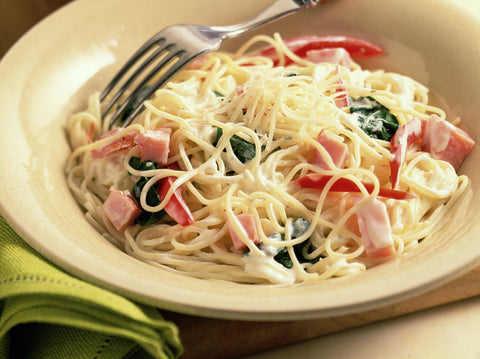 Spaghetti Carbonara mit Südtiroler Schinkenspeck