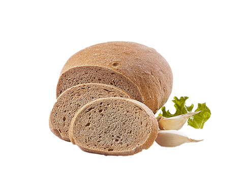 Angeschnittenes Knoblauchbrot mit zwei Scheiben, daneben Knoblauchzehen und frische Blätter