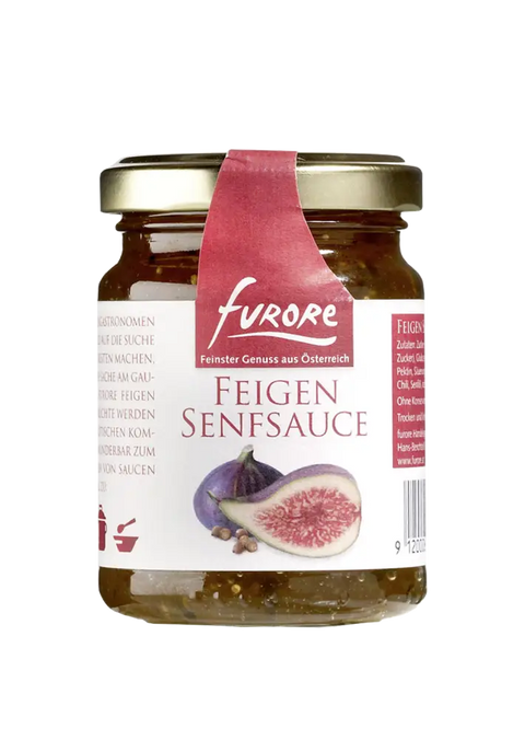 Glas Furore Feigen-Senfsauce mit roter Banderole und Feigenabbildung vor weißem Hintergrund.
