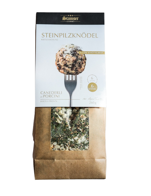 Kraftpapier-Verpackung der Steinpilzknödel-Fertigmischung mit Sichtfenster und Knödelfoto