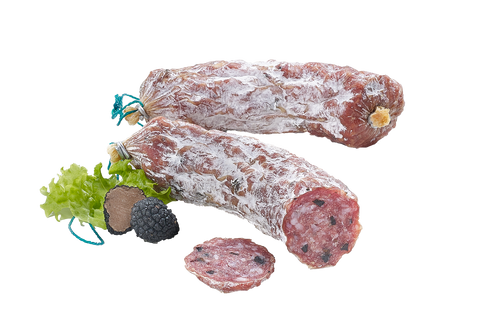 Zwei Trüffelsalami mit hellem Edelschimmel, eine angeschnitten mit sichtbaren Trüffelstückchen